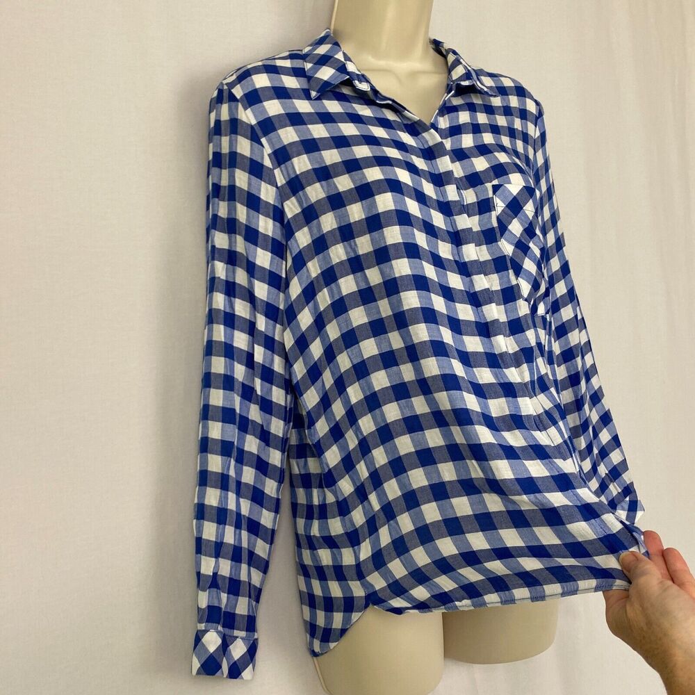 Zara‎ Basic Top Medium Womens Buffalo Plaid Button Up Pocket Silky Blue White - Picture 4 of 13